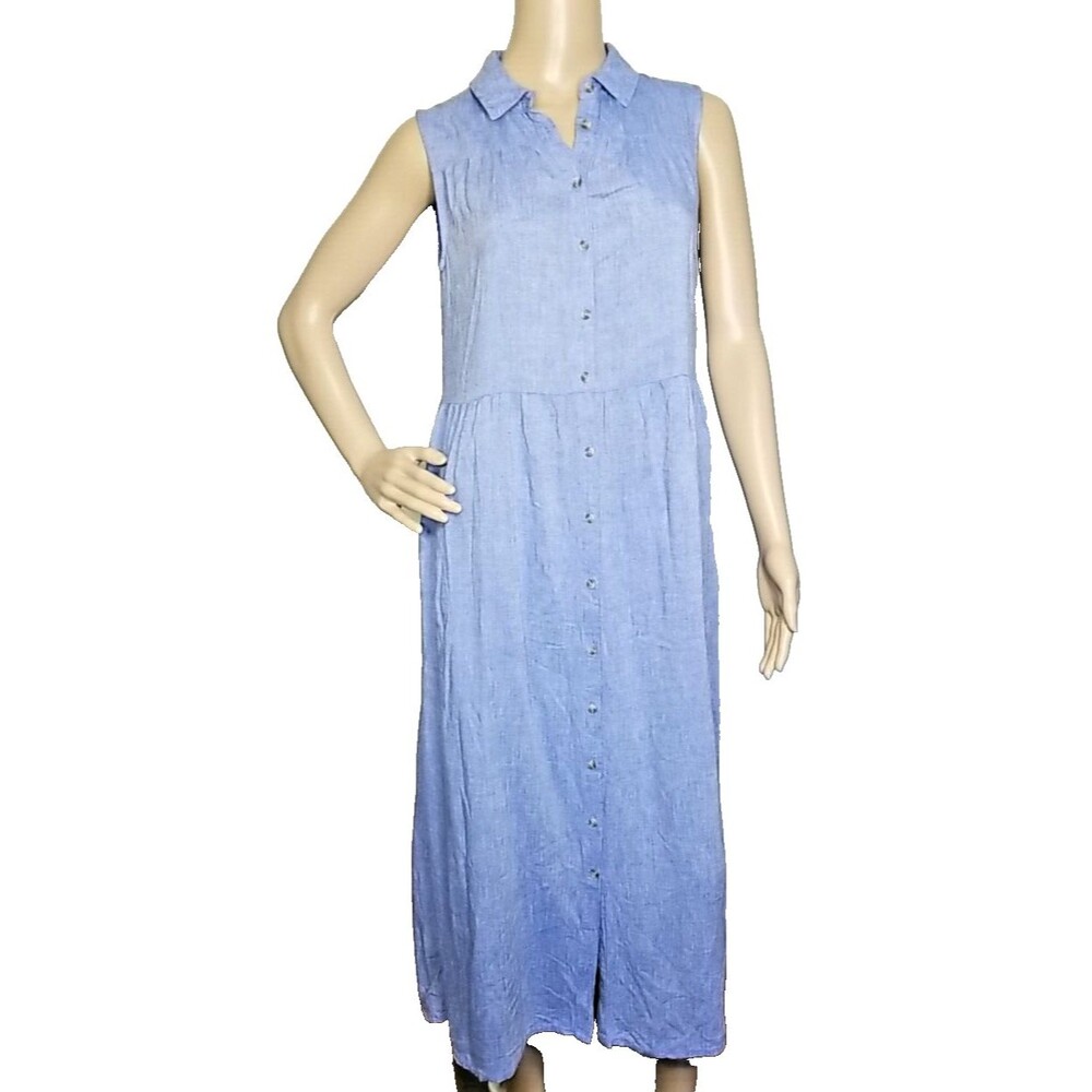 Fat Face UK Linen Blend Shirt Maxi Dress Blue Chambray Size 4 Button Front   T40